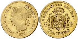 1865. Isabel II. Manila. 2 pesos. (Cal. 137) (Basso 69). 3,35 g. Leves golpecitos. Bonito color. MBC-/MBC.
