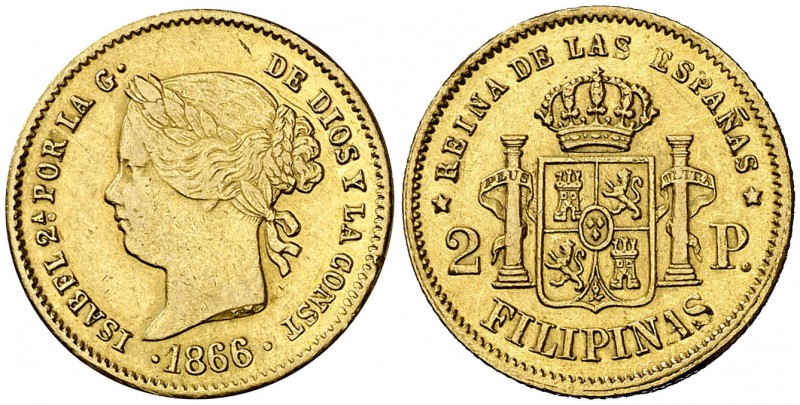1866/5. Isabel II. Manila. 2 pesos. (Cal. 138 var) (Basso 69f). 3,42 g. Mínima l...