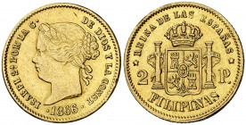 1866/5. Isabel II. Manila. 2 pesos. (Cal. 138 var) (Basso 69f). 3,42 g. Mínima limadura en canto. Muy rara y más con sobrefecha. MBC/MBC+.