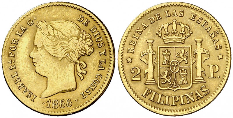 1866. Isabel II. Manila. 2 pesos. (Cal. 138) (Basso 69). 3,35 g. Leves rayitas. ...
