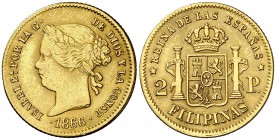 1866. Isabel II. Manila. 2 pesos. (Cal. 138) (Basso 69). 3,35 g. Leves rayitas. Ex Áureo 05/03/1997, nº 1059. Muy rara. MBC+/EBC-.
