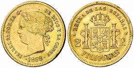 1868/7. Isabel II. Manila. 2 pesos. (Cal. 140 var) (Basso falta). 3,40 g. Sobrefecha muy tenue, pero indudable. Insignificante hojita. Bella. Muy rara...
