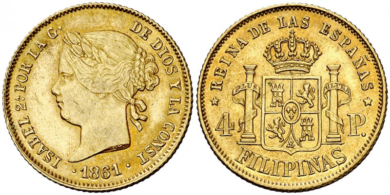 1861. Isabel II. Manila. 4 pesos. (Cal. 125) (Basso 70). 6,73 g. Leves rayitas. ...