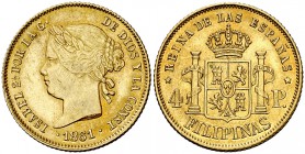 1861. Isabel II. Manila. 4 pesos. (Cal. 125) (Basso 70). 6,73 g. Leves rayitas. Bonita pátina anaranjada. Escasa así. EBC-/EBC.