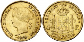 1862/1. Isabel II. Manila. 4 pesos. (Cal. 134 var) (Basso 70b). 6,71 g. Rara sobrefecha. MBC.