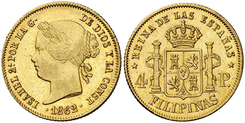 1862. Isabel II. Manila. 4 pesos. (Cal. 126) (Basso 70). 6,74 g. Bella. Brillo o...