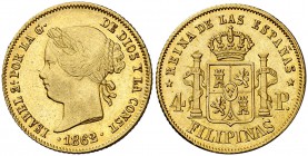 1862. Isabel II. Manila. 4 pesos. (Cal. 126) (Basso 70). 6,74 g. Bella. Brillo original. Escasa así. EBC-/EBC.