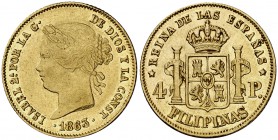 1863/53. Isabel II. Manila. 4 pesos. (Cal. 127 var) (Basso 70d var). 6,70 g. Gran parte del brillo original. Rara sobrefecha. MBC+/EBC-.