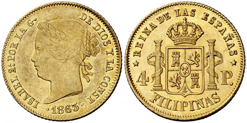 1863. Isabel II. Manila. 4 pesos. (Cal. 127) (Basso 70). 6,74 g. Muy bella. Plen...