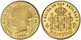 1863. Isabel II. Manila. 4 pesos. (Cal. 127) (Basso 70). 6,74 g. Muy bella. Pleno brillo original. Rara así. EBC.