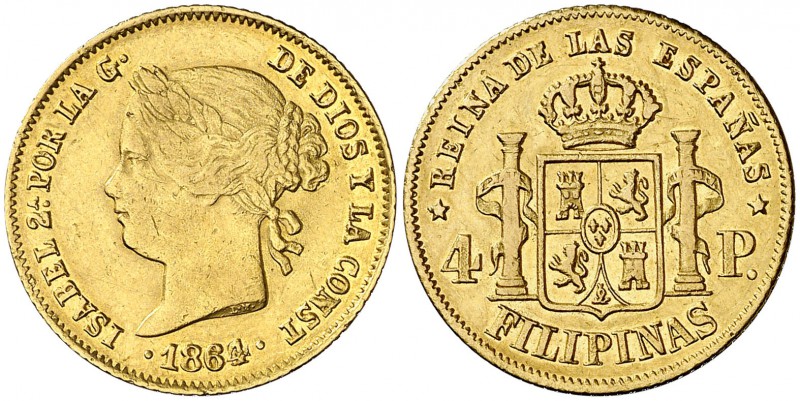 1864/53. Isabel II. Manila. 4 pesos. (Cal. 128 var) (Basso falta). 6,73 g. Parte...