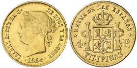 1864/53. Isabel II. Manila. 4 pesos. (Cal. 128 var) (Basso falta). 6,73 g. Parte del brillo original. Ex Áureo & Calicó 26/10/2010, nº 2192. Escasa. M...