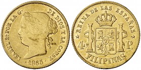 1865. Isabel II. Manila. 4 pesos. (Cal. 129) (Basso 70). 6,72 g. Ligera doble acuñación que afecta a la fecha y parte de la leyenda del anverso. Hojit...