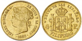 1865. Isabel II. Manila. 4 pesos. (Cal. 129) (Basso 70). 6,80 g. Bella. Parte de brillo original. Rara así. EBC/EBC+.