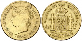 1866/5. Isabel II. Manila. 4 pesos. (Cal. 130 var) (Basso 70g). 6,76 g. Levísima grieta. Rara sobrefecha. Ex Áureo 05/03/1997, nº 1066. MBC-/MBC.