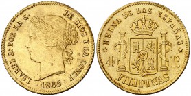 1866/59. Isabel II. Manila. 4 pesos. (Cal. 130 var) (Basso falta). 6,73 g. Leves marquitas. Precioso color. Muy rara, con esta sobrefecha, rarísima. E...