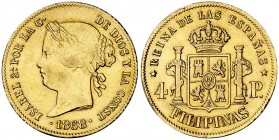 1868/58. Isabel II. Manila. 4 pesos. (Cal. 132 var) (Basso falta). 6,80 g. Rara sobrefecha. MBC.