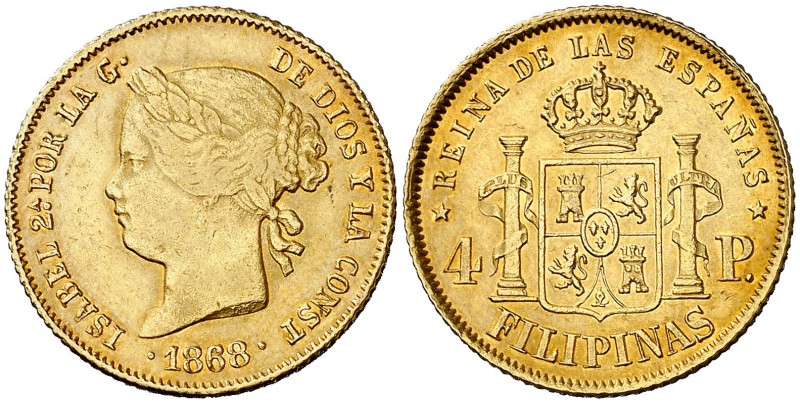 1868/58. Isabel II. Manila. 4 pesos. (Cal. 132 var) (Basso falta). 6,74 g. Leves...