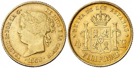 1868/58. Isabel II. Manila. 4 pesos. (Cal. 132 var) (Basso falta). 6,74 g. Leves marquitas. Bella pátina anaranjada. Sobrefecha muy clara. Ex Áureo 22...