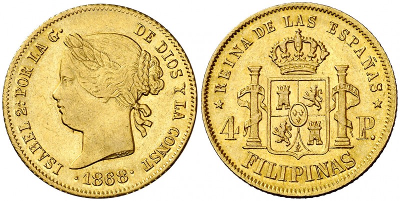 1868. Isabel II. Manila. 4 pesos. (Cal. 132) (Basso 70). 6,76 g. Parte de brillo...