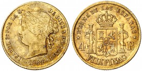 1868. Isabel II. Manila. 4 pesos. (Cal. 132) (Basso 70). 6,77 g. Pequeño exceso de metal, que deja cerrada la voluta superior del 6 en la fecha. Pátin...