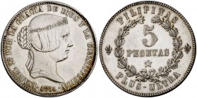 1855. Isabel II. Manila. 5 pesetas. (Cal. pág. 785) (Basso 73) (Kr. Deluxe ANA Centennial Edition Pn1). 25,34 g. Prueba no adoptada, según Basso podrí...