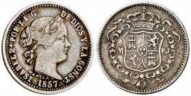 1857. Isabel II. Madrid. PJ. 1 peso. (Basso 75) (Rodríguez Lorente 762) (Kr. Deluxe ANA Centennial Edition Pn2). 1,38 g. 15 mm. Prueba no adopatada en...