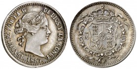 1857. Isabel II. Madrid. PJ. 1 peso. (Basso 75) (Rodríguez Lorente 762) (Kr. Deluxe ANA Centennial Edition Pn2). 1,63 g. 15 mm. Prueba no adoptada en ...