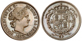 1857. Isabel II. Madrid. PJ. 1 peso. (Basso 75a) (Rodríguez Lorente falta) (Kr. Deluxe ANA Centennial Edition Pn3). 1,63 g. 15 mm. Prueba no adoptada ...