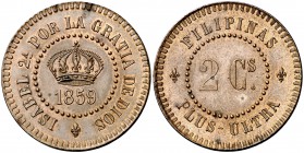 1859. Isabel II. Manila. 2 centavos. (Cal. pág. 801) (Basso 77) (Kr. Pn13) (Kr. Deluxe ANA Centennial Edition Pn4). 9,61 g. Prueba no adoptada. Bella....