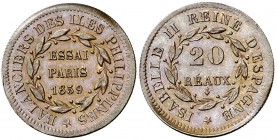 1859. Isabel II. París. 20 reaux. (Basso 79) (Kr. Deluxe ANA Centennial Edition Pn5). 0,88 g. Bella. Brillo original. Rarísima. S/C-.