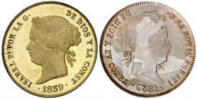 1859. Isabel II. (Basso 82, la señala como única conocida) (Kr. Deluxe ANA Centennial Edition Pn falta). 0,47 g. Prueba del anverso que fue adoptada d...