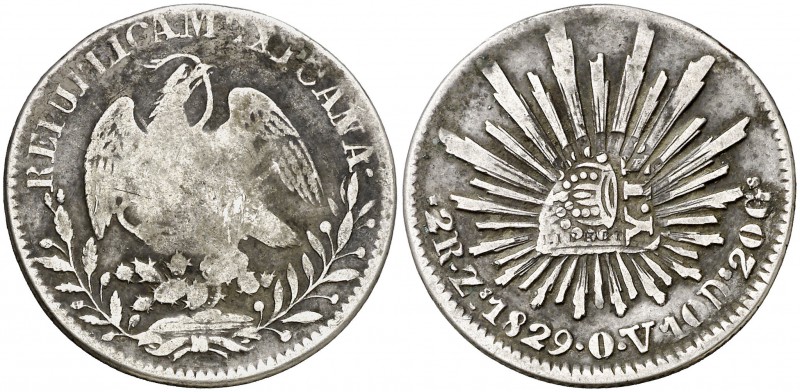 Isabel II. Resello YII bajo corona, en reverso, sobre 2 reales de México, Zacate...
