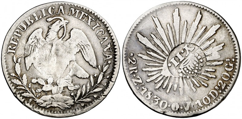 Isabel II. Resello YII bajo corona, en reverso, sobre 2 reales de México, Zacate...