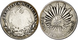 Isabel II. Resello YII bajo corona, en reverso, sobre 2 reales de México, Zacatecas OV de 1831. (Kr. 88). 6,72 g. Rara. MBC-.