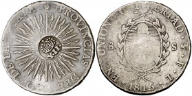 Isabel II. Resello YII bajo corona, sobre 8 soles de Argentina - Províncias del Río de la Plata, Potosí FL de 1815. (Kr. 94). 26,49 g. Rara. MBC-.