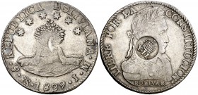 Isabel II. Resello YII bajo corona, en reverso, sobre 8 soles de Bolivia, Potosí JM de 1829. (Kr. 100). 27 g. Bonita pátina. MBC+.
