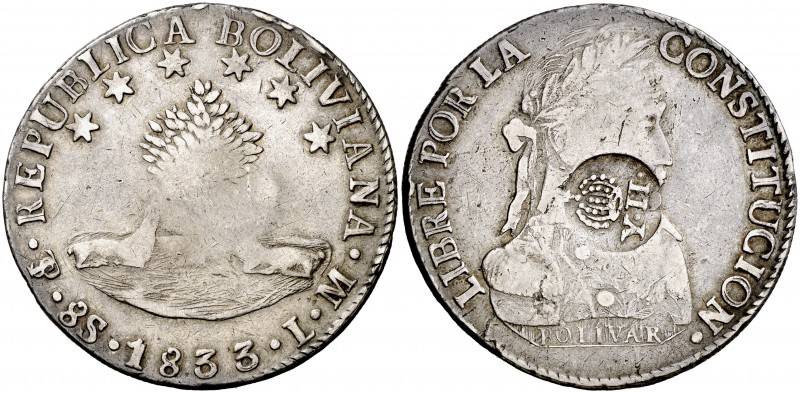 Isabel II. Resello YII bajo corona, en reverso, sobre 8 soles de Bolivia, Potosí...