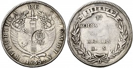 Isabel II. Resello YII bajo corona, en anverso, sobre 8 reales de Colombia, Bogotá RS de 1835. 26,83 g. Rara. MBC.