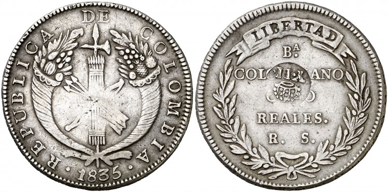 Isabel II. Resello YII bajo corona, en reverso, sobre 8 reales de Colombia, Bogo...