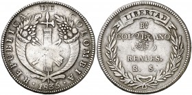 Isabel II. Resello YII bajo corona, en reverso, sobre 8 reales de Colombia, Bogotá RS de 1835. (Kr. falta). 26,81 g. Muy rara. MBC.