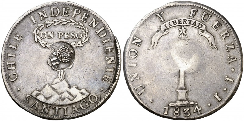 Isabel II. Resello YII bajo corona, en anverso, sobre 8 reales de Chile, Santiag...