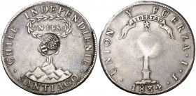 Isabel II. Resello YII bajo corona, en anverso, sobre 8 reales de Chile, Santiago JJ de 1834. (Kr. 108). 26,50 g. Golpecito. Muy rara. MBC.