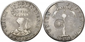 Isabel II. Resello YII bajo corona, en reverso, sobre 8 reales de Chile, Santiago JJ de 1834. (Kr. 108). 27,24 g. Muy rara. MBC.