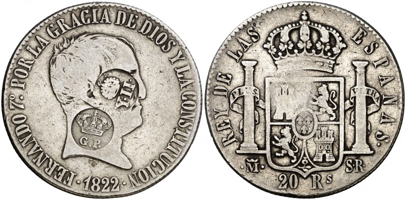 Isabel II. Doble resello: YII bajo corona (de Filipinas Kr. falta) y GP bajo cor...