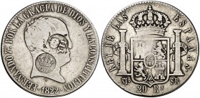 Isabel II. Doble resello: YII bajo corona (de Filipinas Kr. falta) y GP bajo corona (De Mey 4 de Azores) sobre 20 reales de Madrid SR de 1822, tipo "c...