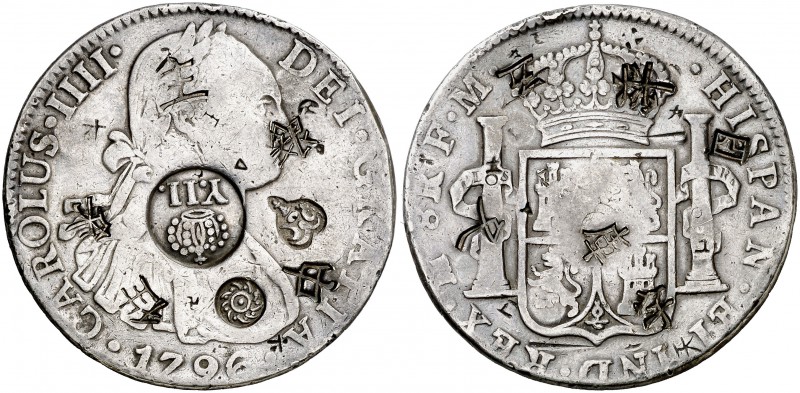 Isabel II. Resello (falso) YII bajo corona sobre 8 reales de México FM de 1796. ...