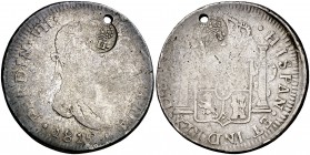 Isabel II. Resello YII bajo corona, sobre 8 reales de Durango MZ de 1815. 26,86 g. Resello aplicado sobre ambas caras simultáneamente, en el mismo pun...