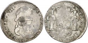 Isabel II. Resello YII bajo corona sobre 8 reales de Zacatecas AG de 1816. (Kr. 118). 26,01 g. Dos rayitas. Rara. (MBC-).