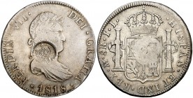Isabel II. Resello (falso) YII bajo corona sobre 8 reales de México JJ de 1818. 26,65 g. MBC.